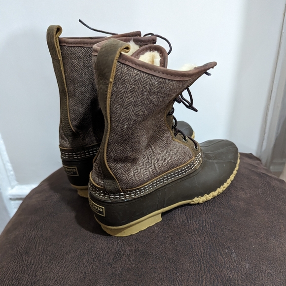 LL Bean 10" Brown Weave Wool Herringbone Shearling Lined Duck Boots 9 M - Picture 3 of 9
